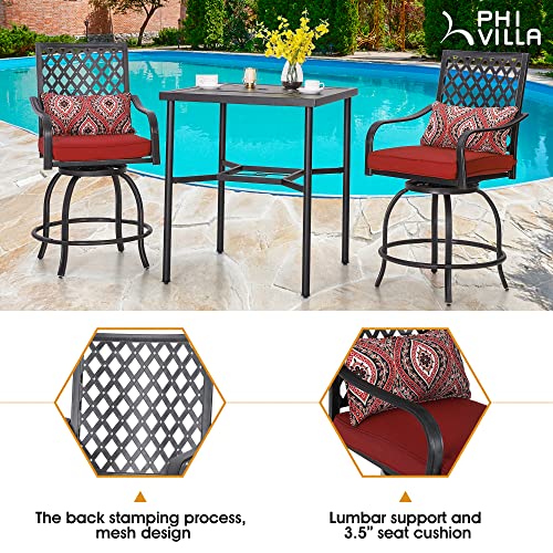 PHI VILLA Outdoor Swivel Bar Stools Set of 2, 27.5" Bar Height Patio Chairs with Red Seat Cushion, Extra Wide Bar Stools with Armrest & Back, Coating Old Craft (Pillow Included)