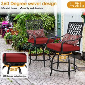 PHI VILLA Outdoor Swivel Bar Stools Set of 2, 27.5" Bar Height Patio Chairs with Red Seat Cushion, Extra Wide Bar Stools with Armrest & Back, Coating Old Craft (Pillow Included)