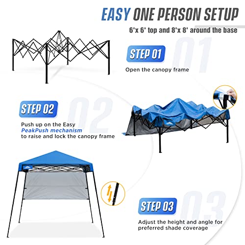 EAGLE PEAK Day Tripper 8x8 Slant Leg Lightweight Compact Portable Canopy w/Backpack Easy One Person Set-up Folding Shelter 6X 6 Top and 8x8 Base (Blue)