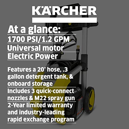 Karcher K1700 1700 PSI 1.2 GPM TruPressure Electric Pressure Washer - 2125 Max PSI Power Washer with 3 Nozzles for Cleaning Cars, Siding, Driveways, Fencing, & More