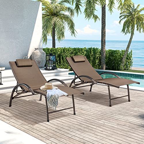 Crestlive Products Adjustable Chaise Lounge Aluminum Lounge Chair Five-Position Outdoor Recliner with Padded Headrest & Curved Armrest All Weather for Patio, Beach, Yard, Pool (2PCS Brown)