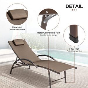 Crestlive Products Adjustable Chaise Lounge Aluminum Lounge Chair Five-Position Outdoor Recliner with Padded Headrest & Curved Armrest All Weather for Patio, Beach, Yard, Pool (2PCS Brown)