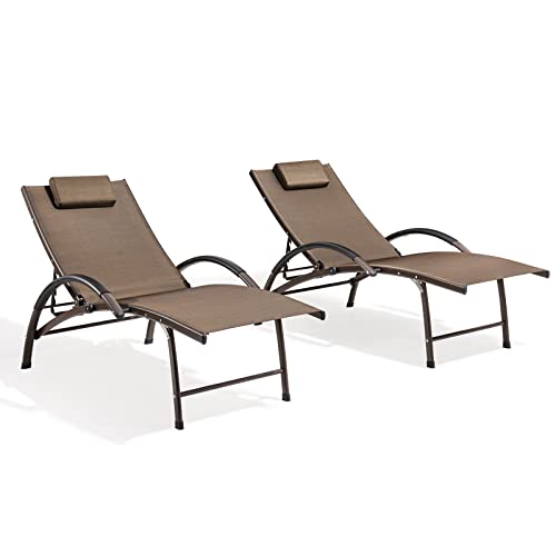 Crestlive Products Adjustable Chaise Lounge Aluminum Lounge Chair Five-Position Outdoor Recliner with Padded Headrest & Curved Armrest All Weather for Patio, Beach, Yard, Pool (2PCS Brown)