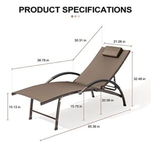 Crestlive Products Adjustable Chaise Lounge Aluminum Lounge Chair Five-Position Outdoor Recliner with Padded Headrest & Curved Armrest All Weather for Patio, Beach, Yard, Pool (2PCS Brown)