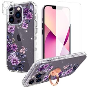 acketbox for iphone 14 pro max case with screen protector + camera lens protector and ring bracket，pc back case + front cover and tpu phone case cover for iphone 14 pro max (flower-02)