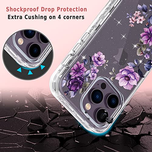 ACKETBOX for iPhone 14 Pro Max Case with Screen Protector + Camera Lens Protector and Ring Bracket，PC Back Case + Front Cover and TPU Phone Case Cover for iPhone 14 Pro Max (Flower-02)