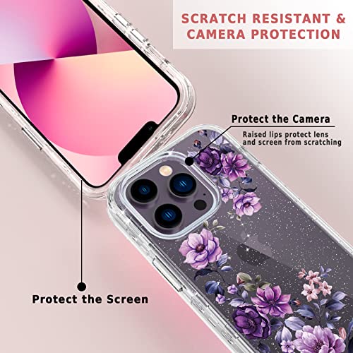 ACKETBOX for iPhone 14 Pro Max Case with Screen Protector + Camera Lens Protector and Ring Bracket，PC Back Case + Front Cover and TPU Phone Case Cover for iPhone 14 Pro Max (Flower-02)