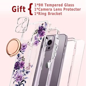 ACKETBOX for iPhone 14 Pro Max Case with Screen Protector + Camera Lens Protector and Ring Bracket，PC Back Case + Front Cover and TPU Phone Case Cover for iPhone 14 Pro Max (Flower-02)