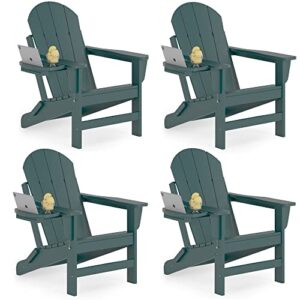 navine folding adirondack chair set of 4 with cup holder weather resistant plastic fire pit chairs, patio chairs, lawn chair, ideal for porches, patios, patios, poolsides, decks.(dark green)