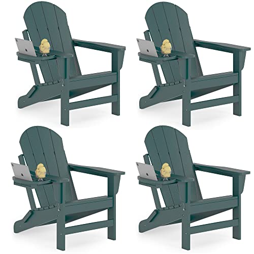 NAVINE Folding Adirondack Chair Set of 4 with Cup Holder Weather Resistant Plastic Fire Pit Chairs, Patio Chairs, Lawn Chair, Ideal for porches, patios, patios, poolsides, Decks.(Dark Green)