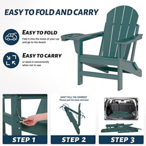 NAVINE Folding Adirondack Chair Set of 4 with Cup Holder Weather Resistant Plastic Fire Pit Chairs, Patio Chairs, Lawn Chair, Ideal for porches, patios, patios, poolsides, Decks.(Dark Green)