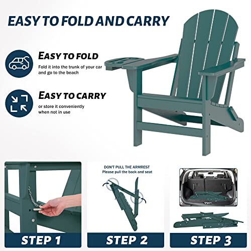 NAVINE Folding Adirondack Chair Set of 4 with Cup Holder Weather Resistant Plastic Fire Pit Chairs, Patio Chairs, Lawn Chair, Ideal for porches, patios, patios, poolsides, Decks.(Dark Green)