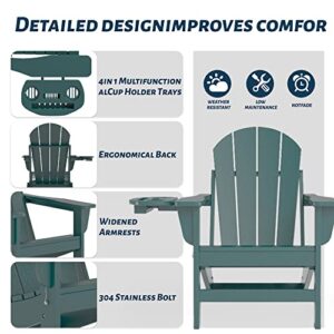 NAVINE Folding Adirondack Chair Set of 4 with Cup Holder Weather Resistant Plastic Fire Pit Chairs, Patio Chairs, Lawn Chair, Ideal for porches, patios, patios, poolsides, Decks.(Dark Green)