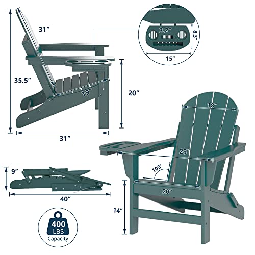 NAVINE Folding Adirondack Chair Set of 4 with Cup Holder Weather Resistant Plastic Fire Pit Chairs, Patio Chairs, Lawn Chair, Ideal for porches, patios, patios, poolsides, Decks.(Dark Green)