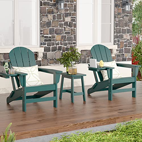 NAVINE Folding Adirondack Chair Set of 4 with Cup Holder Weather Resistant Plastic Fire Pit Chairs, Patio Chairs, Lawn Chair, Ideal for porches, patios, patios, poolsides, Decks.(Dark Green)