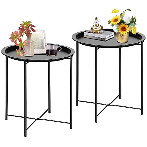 VECELO Side/End Table, Folding Round Metal Anti-Rust and Waterproof Outdoor or Indoor Tray for Living Room Bedroom Balcony and Office, 2 PCS, Black