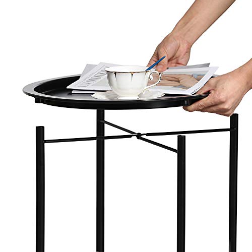 VECELO Side/End Table, Folding Round Metal Anti-Rust and Waterproof Outdoor or Indoor Tray for Living Room Bedroom Balcony and Office, 2 PCS, Black