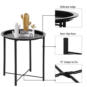 VECELO Side/End Table, Folding Round Metal Anti-Rust and Waterproof Outdoor or Indoor Tray for Living Room Bedroom Balcony and Office, 2 PCS, Black