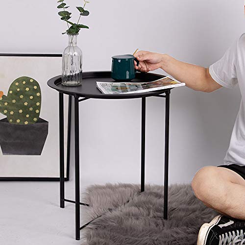 VECELO Side/End Table, Folding Round Metal Anti-Rust and Waterproof Outdoor or Indoor Tray for Living Room Bedroom Balcony and Office, 2 PCS, Black