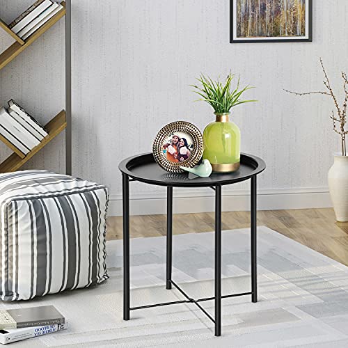 VECELO Side/End Table, Folding Round Metal Anti-Rust and Waterproof Outdoor or Indoor Tray for Living Room Bedroom Balcony and Office, 2 PCS, Black