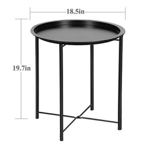 VECELO Side/End Table, Folding Round Metal Anti-Rust and Waterproof Outdoor or Indoor Tray for Living Room Bedroom Balcony and Office, 2 PCS, Black