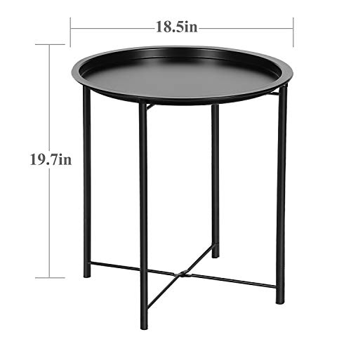 VECELO Side/End Table, Folding Round Metal Anti-Rust and Waterproof Outdoor or Indoor Tray for Living Room Bedroom Balcony and Office, 2 PCS, Black