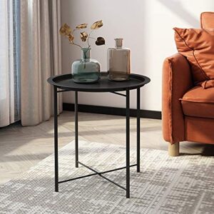 VECELO Side/End Table, Folding Round Metal Anti-Rust and Waterproof Outdoor or Indoor Tray for Living Room Bedroom Balcony and Office, 2 PCS, Black