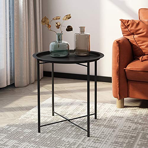 VECELO Side/End Table, Folding Round Metal Anti-Rust and Waterproof Outdoor or Indoor Tray for Living Room Bedroom Balcony and Office, 2 PCS, Black