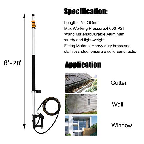 EDOU Direct Telescoping Pressure Washer Wand 20' | Heavy Duty | 4,000 PSI Max Working Pressure | Includes: 1/4" Quick Connection, 5 Spray Nozzle Tips, 2 Pivoting Couplers, 2 Adapters, Support Harness