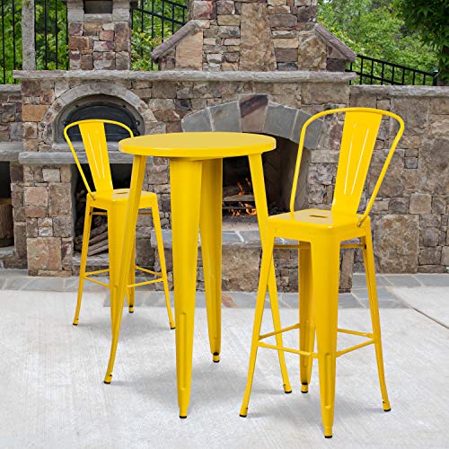 EMMA + OLIVER Commercial 24" Round Yellow Metal Indoor-Outdoor Bar Table Set-2 Cafe Stools