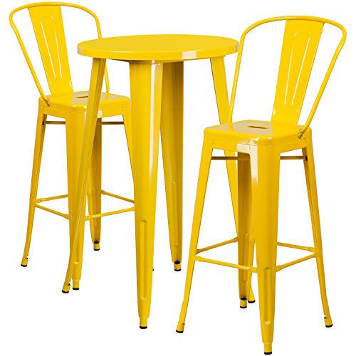 EMMA + OLIVER Commercial 24" Round Yellow Metal Indoor-Outdoor Bar Table Set-2 Cafe Stools