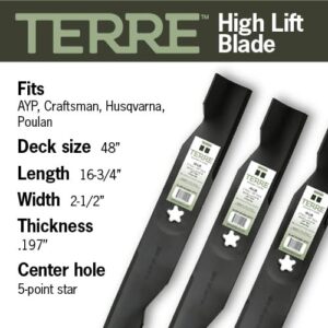 Terre Products, 3 Pack High Lift Lawn Mower Blades, 48 Inch Deck, Compatible with Poulan, Craftsman, Husqvarna YTH22V46, YTH24V48, Replacement for 180054, 173920, 532180054, 532173920