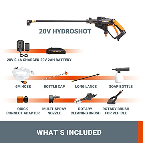 WORX 20V Cordless Pressure Washer WG625.4 Portable Power Hydroshot Cleaner Suitable for Car Washing & Surface Cleaning w/ Accessories, 1*2.0Ah Battery&0.4A Charger Included w/ 5-in-1 Adjustable Nozzle