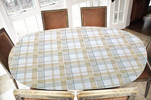 LAMINET Elastic Fitted Table Cover - Harvest Plaid (Beige) - Oblong/Oval - Fits Tables up to 48 x 68”