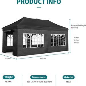 JOINATRE S-69 10'x20' Heavy Duty Pop Up Canopy Tent, Commercial Instant Canopy with Sidewalls, Outdoor Canopy Tent with 4 Sand Bags & Roller Bag, Waterproof Tent for Patio, Backyard, Garden, Black