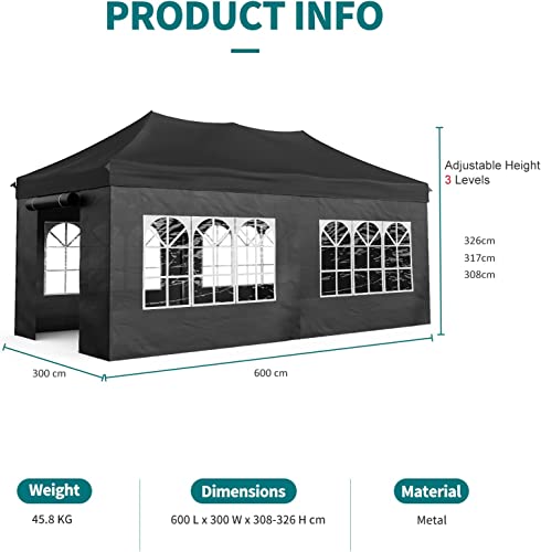 JOINATRE S-69 10'x20' Heavy Duty Pop Up Canopy Tent, Commercial Instant Canopy with Sidewalls, Outdoor Canopy Tent with 4 Sand Bags & Roller Bag, Waterproof Tent for Patio, Backyard, Garden, Black