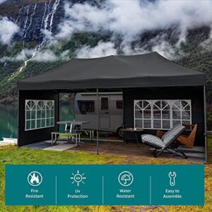 JOINATRE S-69 10'x20' Heavy Duty Pop Up Canopy Tent, Commercial Instant Canopy with Sidewalls, Outdoor Canopy Tent with 4 Sand Bags & Roller Bag, Waterproof Tent for Patio, Backyard, Garden, Black