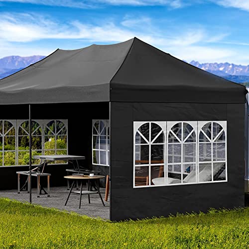 JOINATRE S-69 10'x20' Heavy Duty Pop Up Canopy Tent, Commercial Instant Canopy with Sidewalls, Outdoor Canopy Tent with 4 Sand Bags & Roller Bag, Waterproof Tent for Patio, Backyard, Garden, Black