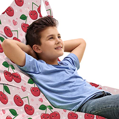 Ambesonne Fruit Lounger Chair Bag, Funny Kawaii Berries of Cherry Branches Smiling Faces Love Romance Couples, High Capacity Storage with Handle Container, Lounger Size, Pale Pink Ruby Green