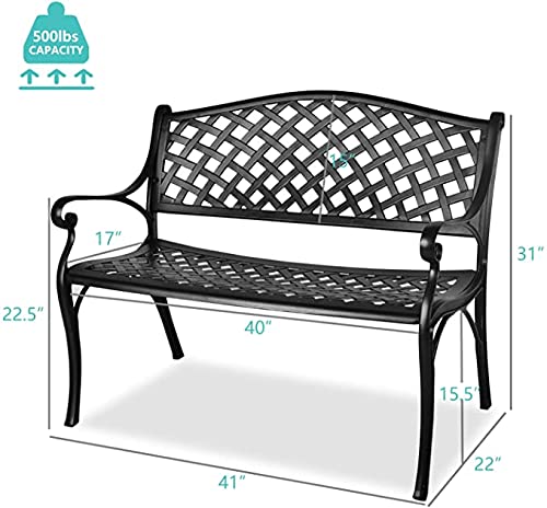 TITIMO 41” Outdoor Garden Bench with Armrests Sturdy Cast Aluminum Porch Loveseat Chair for All-Weather Patio Park Path Yard Lawn Work Entryway Decor Deck (Black)