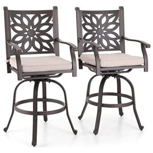 mfstudio cast aluminum bar height outdoor bar stools set of 2, swivel patio chairs with extra wide seat and cushion, brown