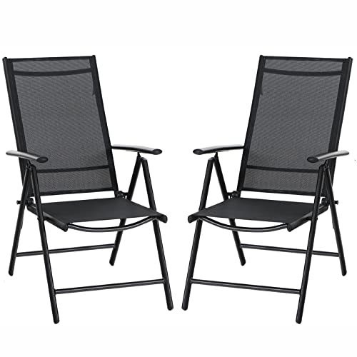 Sophia & William Patio Foldable Dining Chairs Set of 2, Outdoor Folding Sling Chairs 7 Levels Adjustable, High Back Portable Chairs for Porch, Poolside, Patio, Garden, Balcony, Backyard, Black