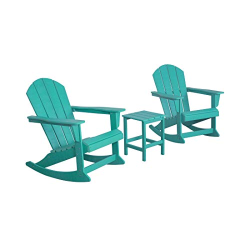 WestinTrends Malibu 3 Piece Outdoor Rocking Chair Set, All Weather Poly Lumber Porch Patio Adirondack Rocking Chair Set of 2 with Side Table, Turquoise