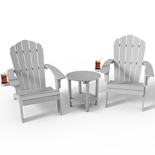 YEFU Adirondack Chair 3-Piece Set （Grey with 2 Oversized Plastic Adirondack Chair with Cup-Holder + an Outdoor Double Outdoor Side Table