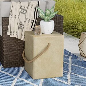 COSIEST Concrete Side Table, Rectangular Outdoor Side Table w Hemp Rope Handles,15''Patio Side Tables End Table, Outdoor Accent Side Table for Garden and Patio, Beige