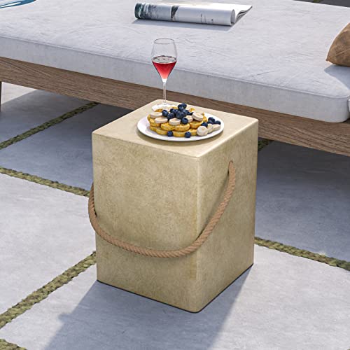 COSIEST Concrete Side Table, Rectangular Outdoor Side Table w Hemp Rope Handles,15''Patio Side Tables End Table, Outdoor Accent Side Table for Garden and Patio, Beige