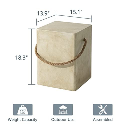 COSIEST Concrete Side Table, Rectangular Outdoor Side Table w Hemp Rope Handles,15''Patio Side Tables End Table, Outdoor Accent Side Table for Garden and Patio, Beige