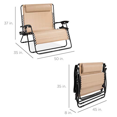 Best Choice Products 2-Person Double Wide Adjustable Folding Steel Mesh Zero Gravity Lounge Recliner Chair for Patio, Lawn, Balcony, Backyard, Beach, Outdoor Sports w/Cup Holders - Beige