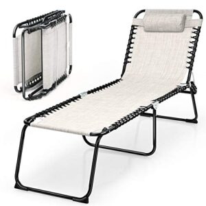 goplus beach lounge chair, folding chaise lounger with detachable pillow & adjustable 4-level backrest & 2-level footrest, sun bathing chair for patio backyard garden outdoor