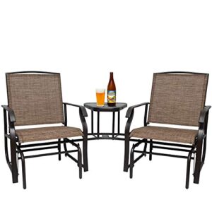 3 in 1 outdoor glider chairs with table, 1.65″ umbrella hole mesh fabric patio loveseat double glider rocker chair and center tempered glass table for garden, poolside, balcony